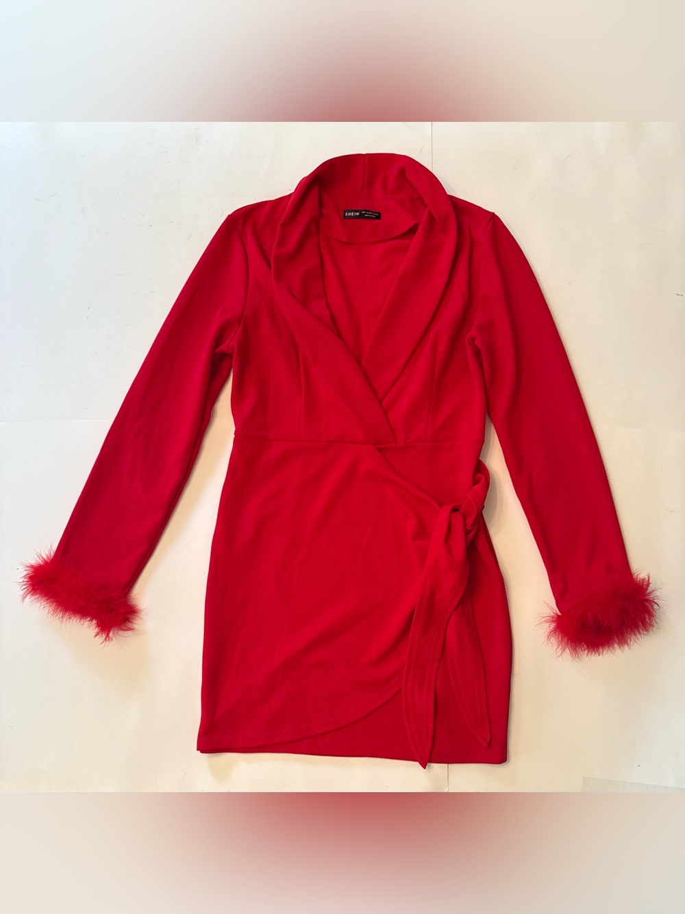SHEIN red long-sleeve wrap mini V-neckline faux fur cuffs sz 10
